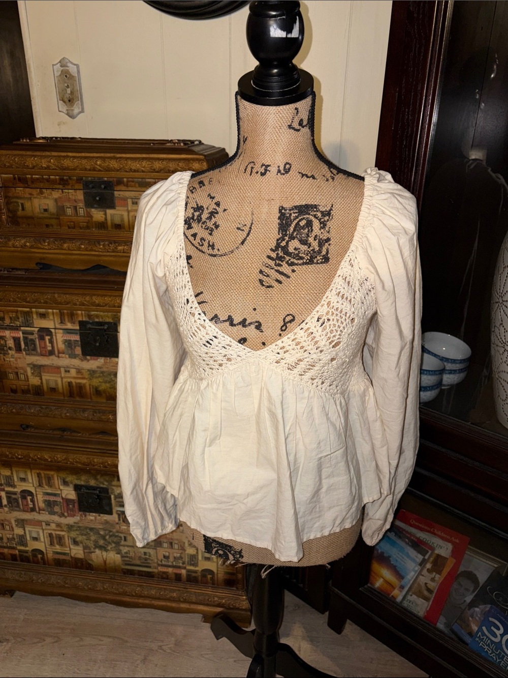 ASOS Cream Crochet-Trim Peasant Blouse